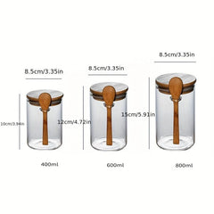 Glass Storage Jar With Lid Spoon Airtight Bamboo Wooden Lid Food Canisters