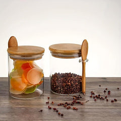 Glass Storage Jar With Lid Spoon Airtight Bamboo Wooden Lid Food Canisters