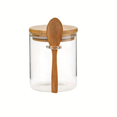 Glass Storage Jar With Lid Spoon Airtight Bamboo Wooden Lid Food Canisters