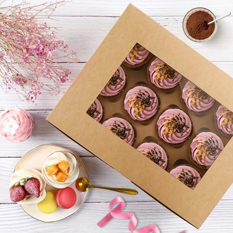 20pcs Brown Cupcake Boxes with Windows and Inserts