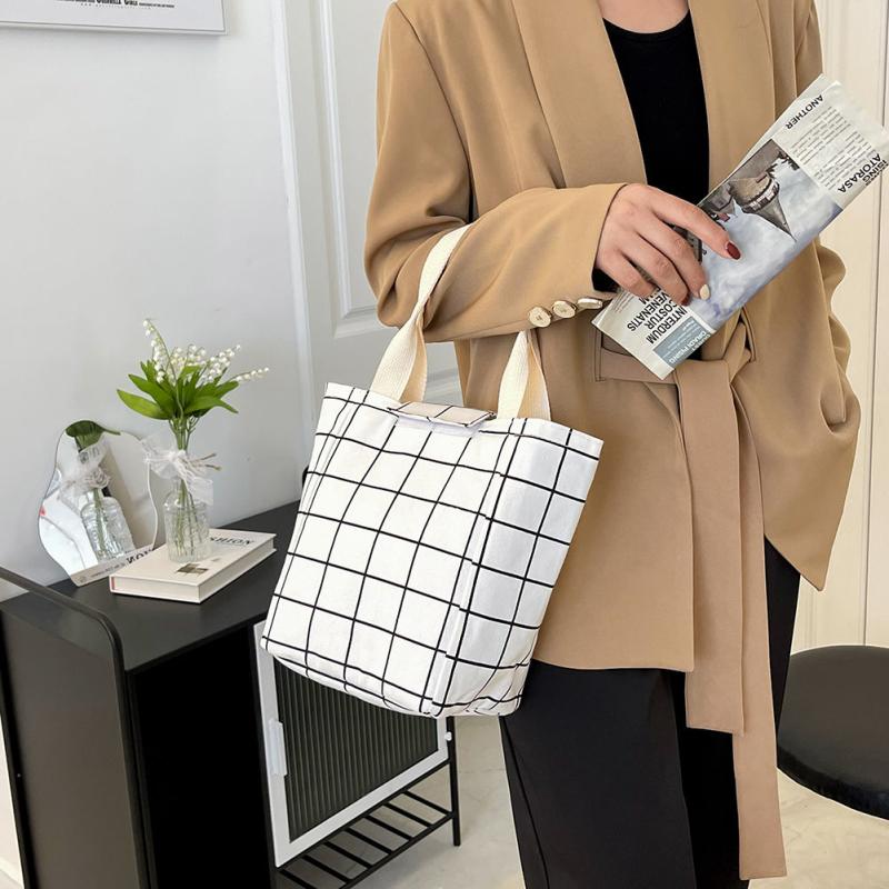 Retro Plaid Canvas Picnic Lunch Tote Bag for Teens & Workers