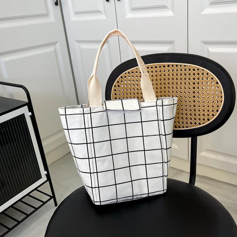 Retro Plaid Canvas Picnic Lunch Tote Bag for Teens & Workers