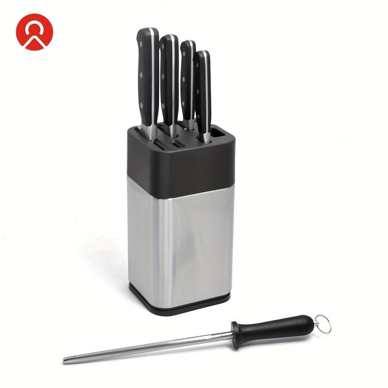 Stainless Steel Knife Holder with Sharpener and Scissors Socket