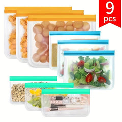 9pcs Reusable Silicone Food Storage Pouch Zipper Bag Leak Proof BPA Self Sealing