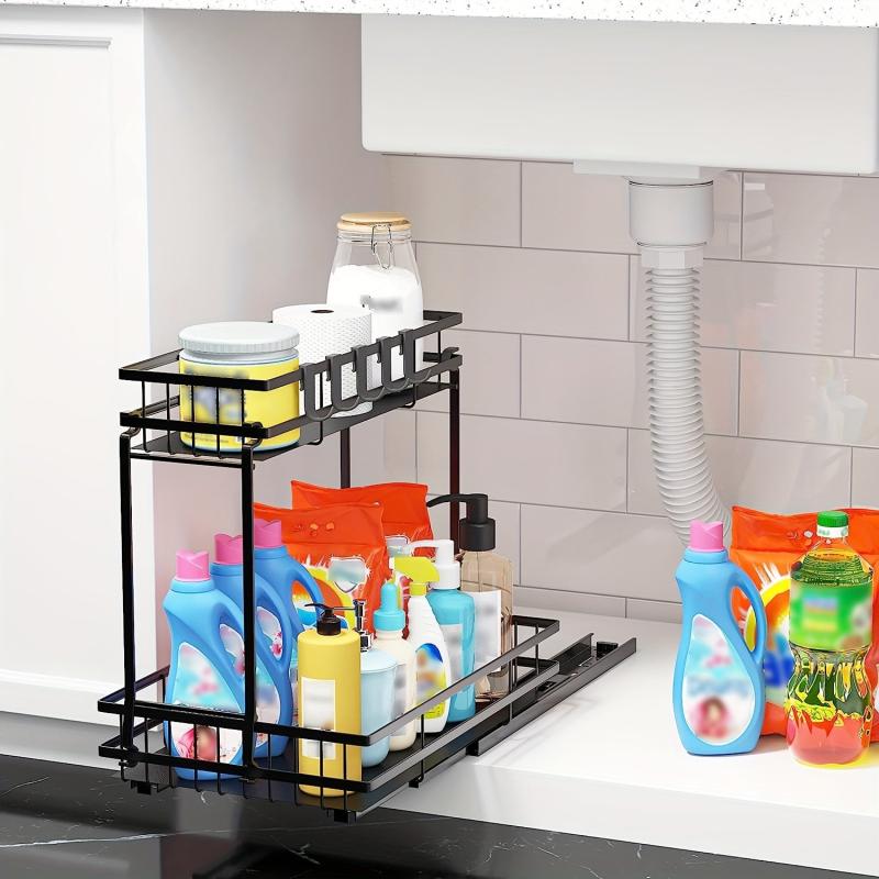 2 Tier Slide Out Under Sink Organizer Shelf with Hook Pull Out Design