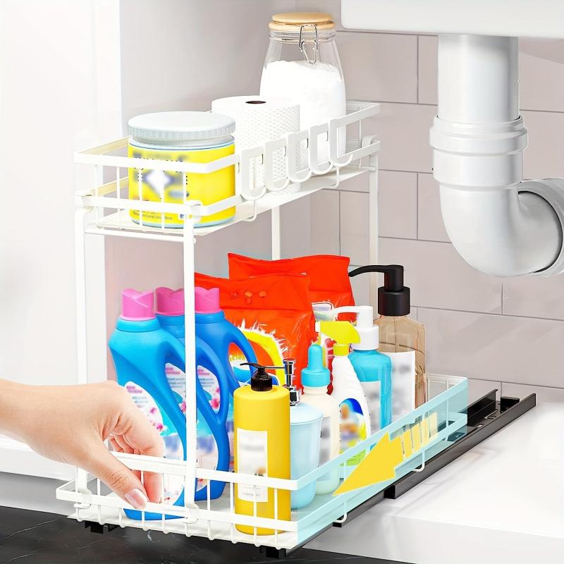 2 Tier Slide Out Under Sink Organizer Shelf with Hook Pull Out Design