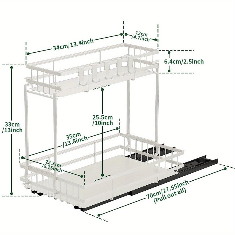 2 Tier Slide Out Under Sink Organizer Shelf with Hook Pull Out Design