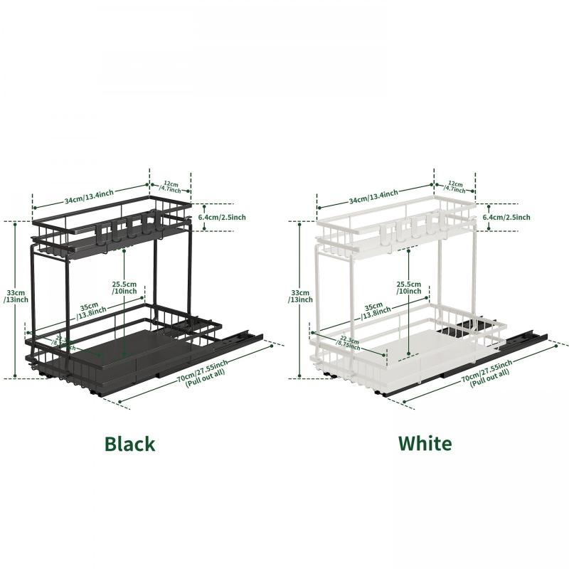 2 Tier Slide Out Under Sink Organizer Shelf with Hook Pull Out Design