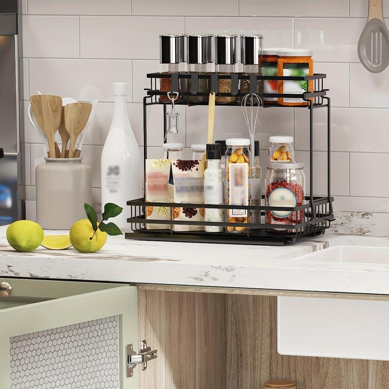 2 Tier Slide Out Under Sink Organizer Shelf with Hook Pull Out Design