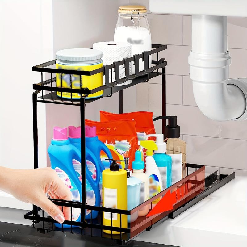 2 Tier Slide Out Under Sink Organizer Shelf with Hook Pull Out Design