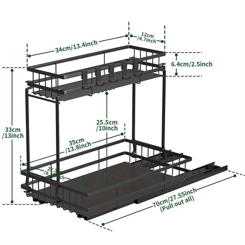 2 Tier Slide Out Under Sink Organizer Shelf with Hook Pull Out Design