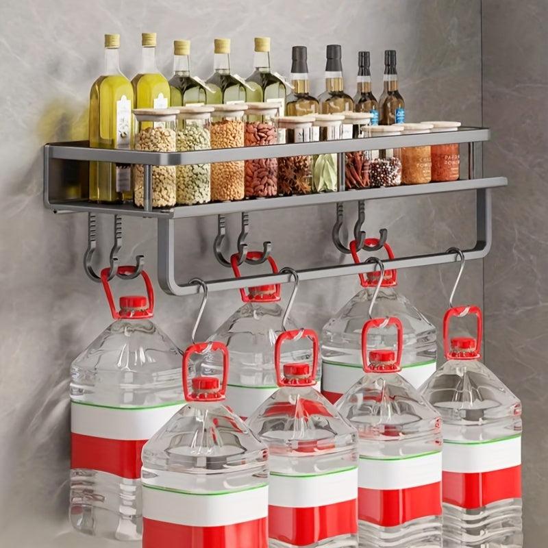 Spice Rack Organizer Wall Mount Towel Rod Hooks Grey Farmhouse Shelf