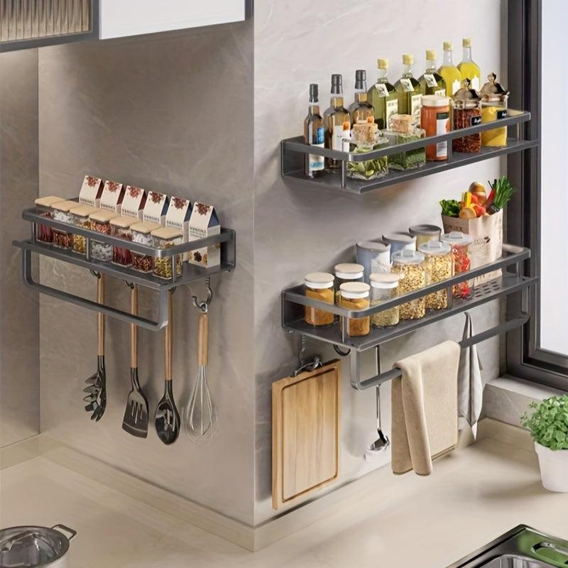 Spice Rack Organizer Wall Mount Towel Rod Hooks Grey Farmhouse Shelf