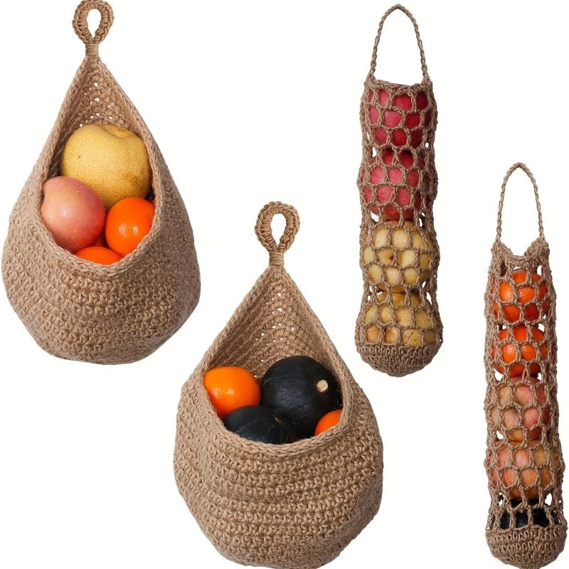 4pcs Wall Hanging Fruit Basket Boho Jute Baskets Pantry Storage Organizer