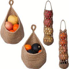 4pcs Wall Hanging Fruit Basket Boho Jute Baskets Pantry Storage Organizer