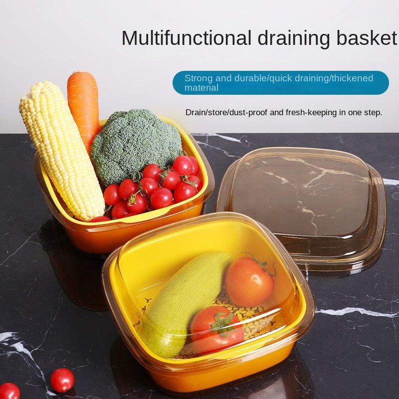 Vegetable Washing Basin Drain Basket Double Layer With Lid Fresh keeping Box