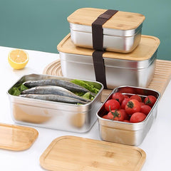 Bamboo Covered Stainless Steel Lunch Box with Wood Lid