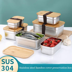 Bamboo Covered Stainless Steel Lunch Box with Wood Lid