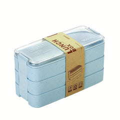 Three Layer Wheat Bento Box With Tableware Square Lunch Box