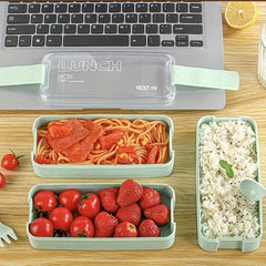 Three Layer Wheat Bento Box With Tableware Square Lunch Box