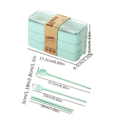 Three Layer Wheat Bento Box With Tableware Square Lunch Box
