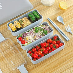 Three Layer Wheat Bento Box With Tableware Square Lunch Box