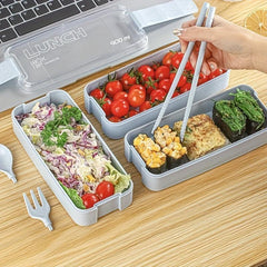 Three Layer Wheat Bento Box With Tableware Square Lunch Box