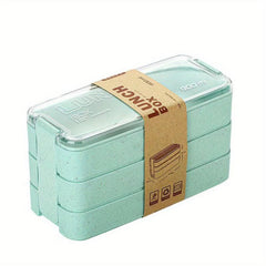 Three Layer Wheat Bento Box With Tableware Square Lunch Box