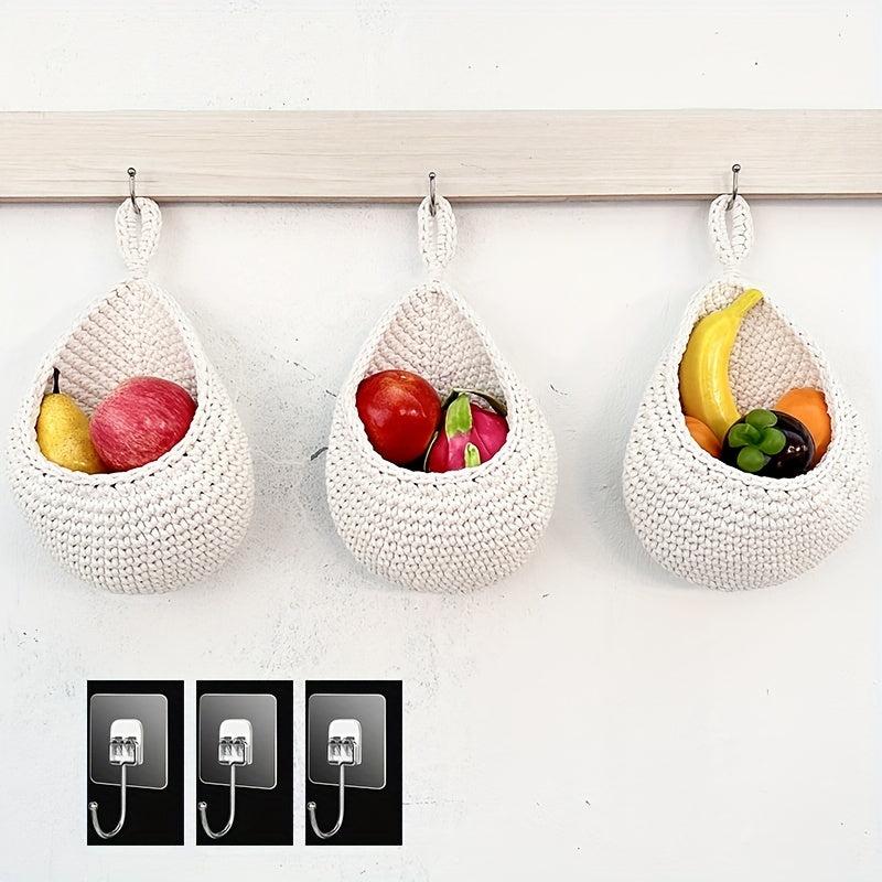 3pcs Rope Textile Hanging Kitchen Basket Bohemian Style Food Slin