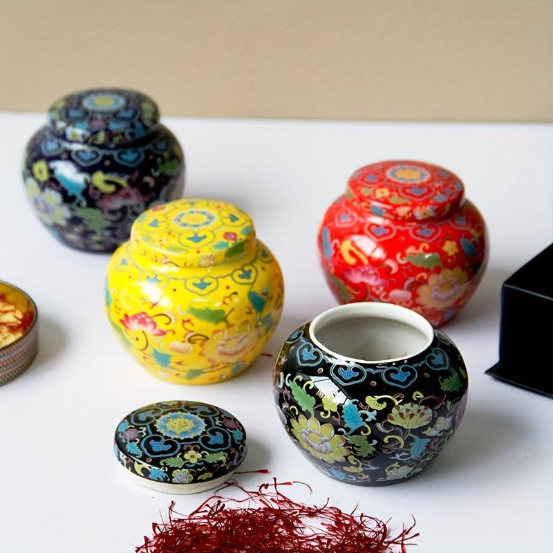 Small Round Ceramic Jar w/ Lid for Tea and Incense Powder Storage
