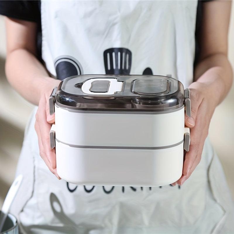 Leak Proof Plastic Lunch Boxes with Spoons, Double Layered, Stackable