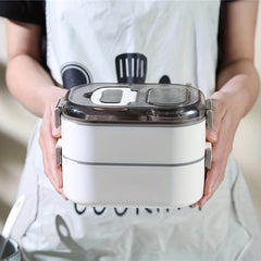 Leak Proof Plastic Lunch Boxes with Spoons, Double Layered, Stackable