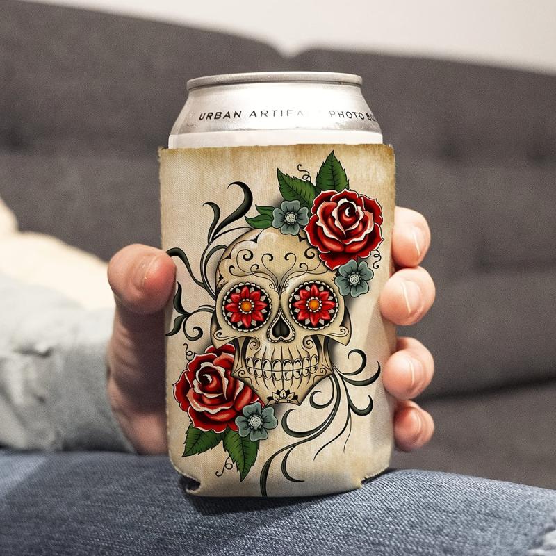 Roses & Skulls Neoprene Can Cooler Sleeve Insulated Cup Sleeve 12oz