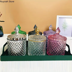 Crystal Glass Jar W/ Lid Diamond Pattern Candy Storage Box