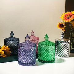 Crystal Glass Jar W/ Lid Diamond Pattern Candy Storage Box