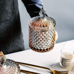 Crystal Glass Jar W/ Lid Diamond Pattern Candy Storage Box