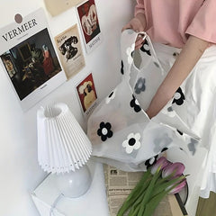 Large Capacity Daisy Embroidered Pattern Reusable Grocery Bag
