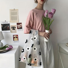 Large Capacity Daisy Embroidered Pattern Reusable Grocery Bag