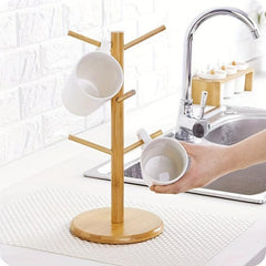 Bamboo Mug Holder with 6 Hooks for Countertop Kitchen Organizer