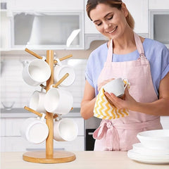 Bamboo Mug Holder with 6 Hooks for Countertop Kitchen Organizer