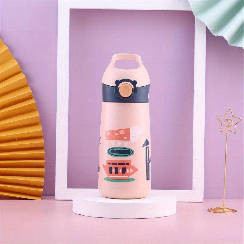 Stainless Steel Insulated Cup with Straw, Cute Cartoon Design, Pink/Green
