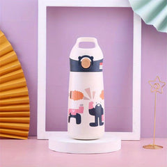 Stainless Steel Insulated Cup with Straw, Cute Cartoon Design, Pink/Green