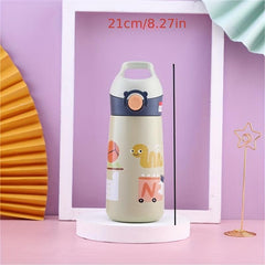 Stainless Steel Insulated Cup with Straw, Cute Cartoon Design, Pink/Green