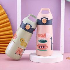 Stainless Steel Insulated Cup with Straw, Cute Cartoon Design, Pink/Green