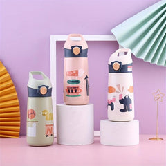 Stainless Steel Insulated Cup with Straw, Cute Cartoon Design, Pink/Green