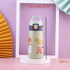 Stainless Steel Insulated Cup with Straw, Cute Cartoon Design, Pink/Green