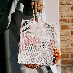 Cotton Mesh Bag With Long Handle Portable Woven Shopping Mesh Bag