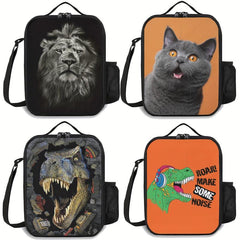 Dinosaur Cat Lion Pattern Insulated Lunch Bag with Zippers