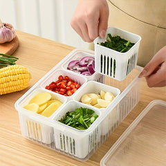 2 Layer Grated Scallion Storage Box with Lid and Drainage - Fresh Keeping Box
