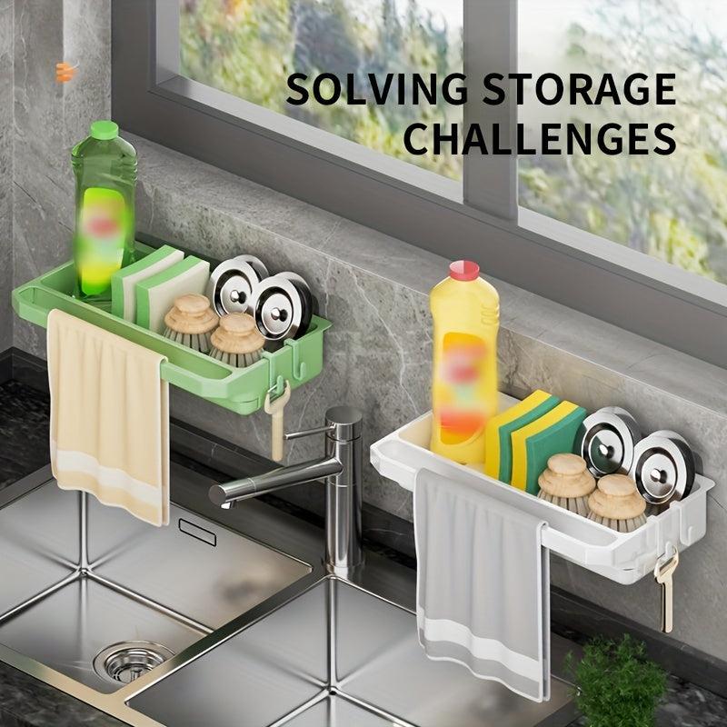 Wall Mount Sink Caddy Dish Sponge Holder with Towel Rack & Hook